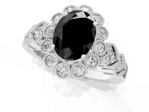 White gold Fancy Black Oval Cut Brilliant Milgrain Pave Heart Band Solitaire Ring_1