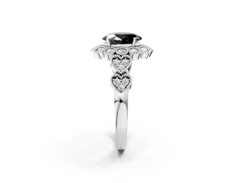 White gold Fancy Black Oval Cut Brilliant Milgrain Pave Heart Band Solitaire Ring_2