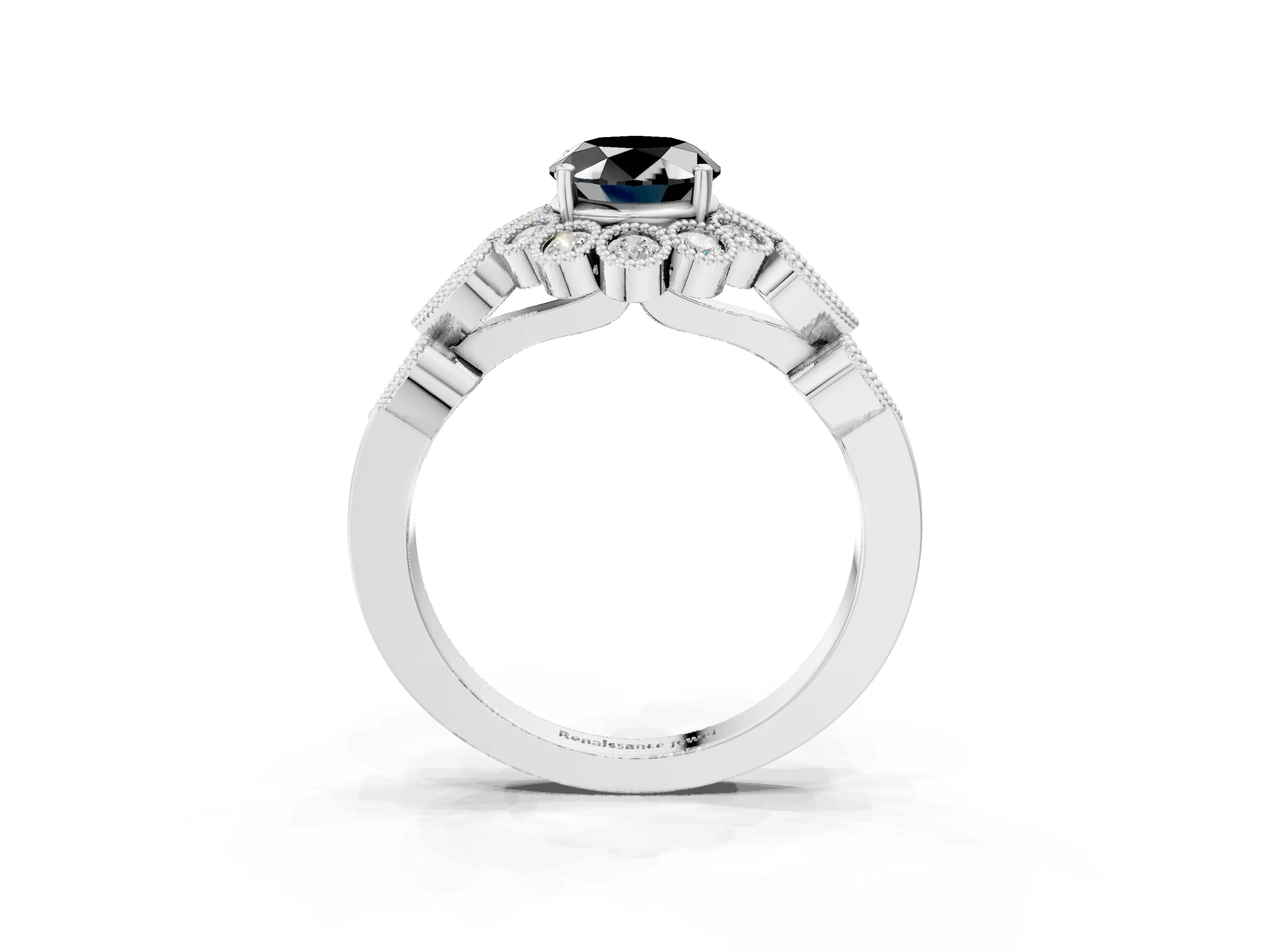 White gold Fancy Black Oval Cut Brilliant Milgrain Pave Heart Band Solitaire Ring_3
