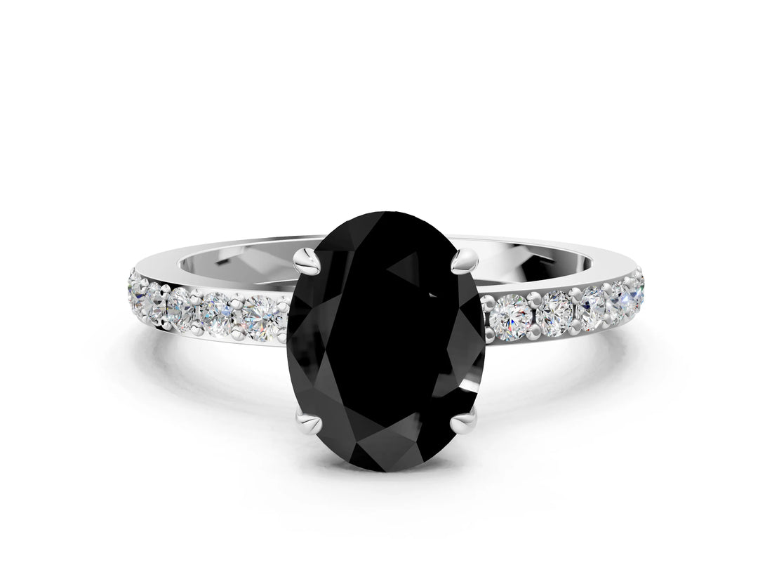 White gold Fancy Black Oval Cut Brilliant Pavé Band Solitaire with Four-Prong Setting