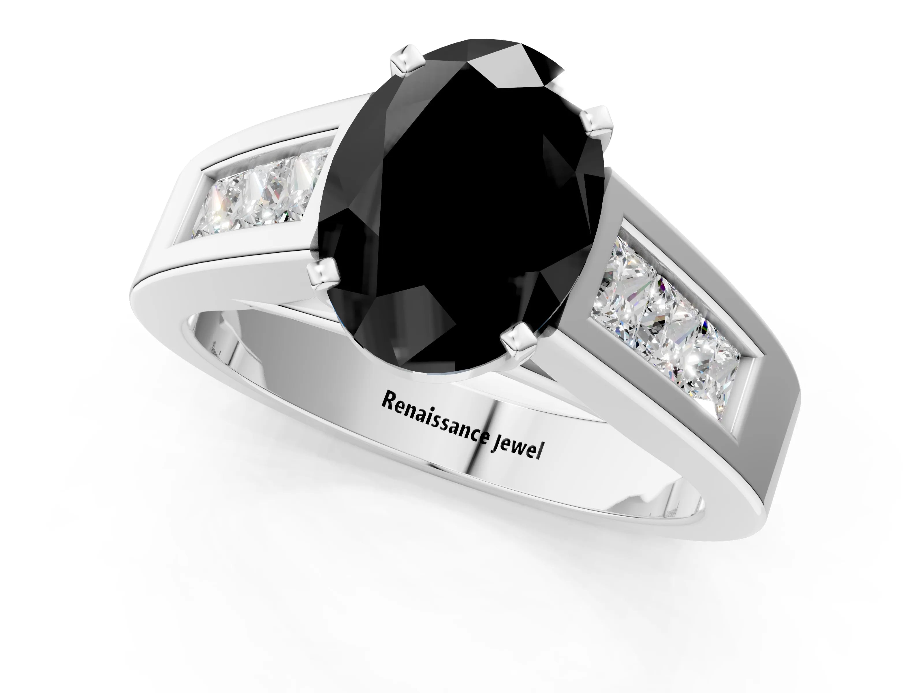 White gold Fancy Black Oval Cut Cut Channel Set Solitaire Ring with Four-Prong Setting_1