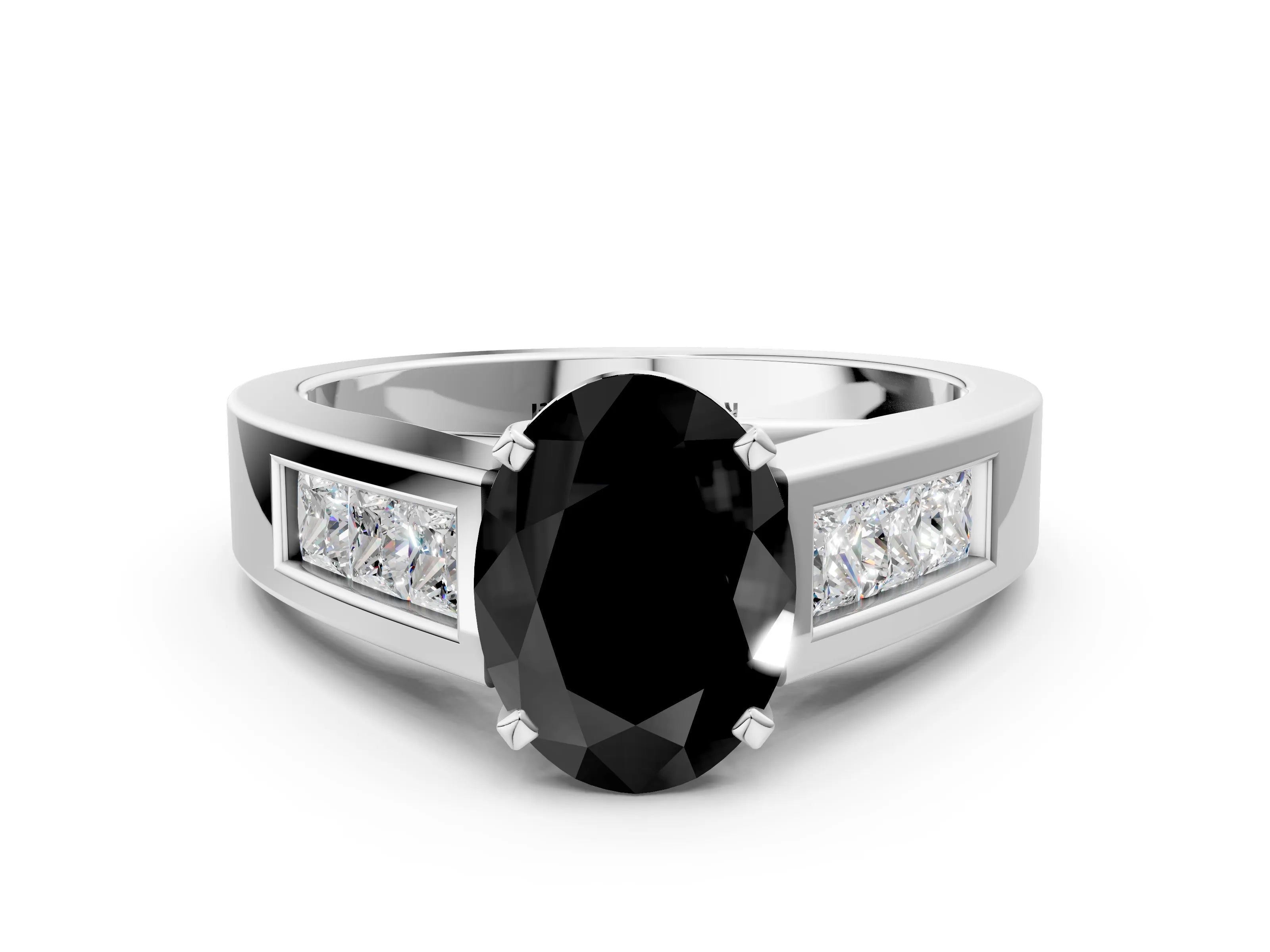 White gold Fancy Black Oval Cut Cut Channel Set Solitaire Ring with Four-Prong Setting_24