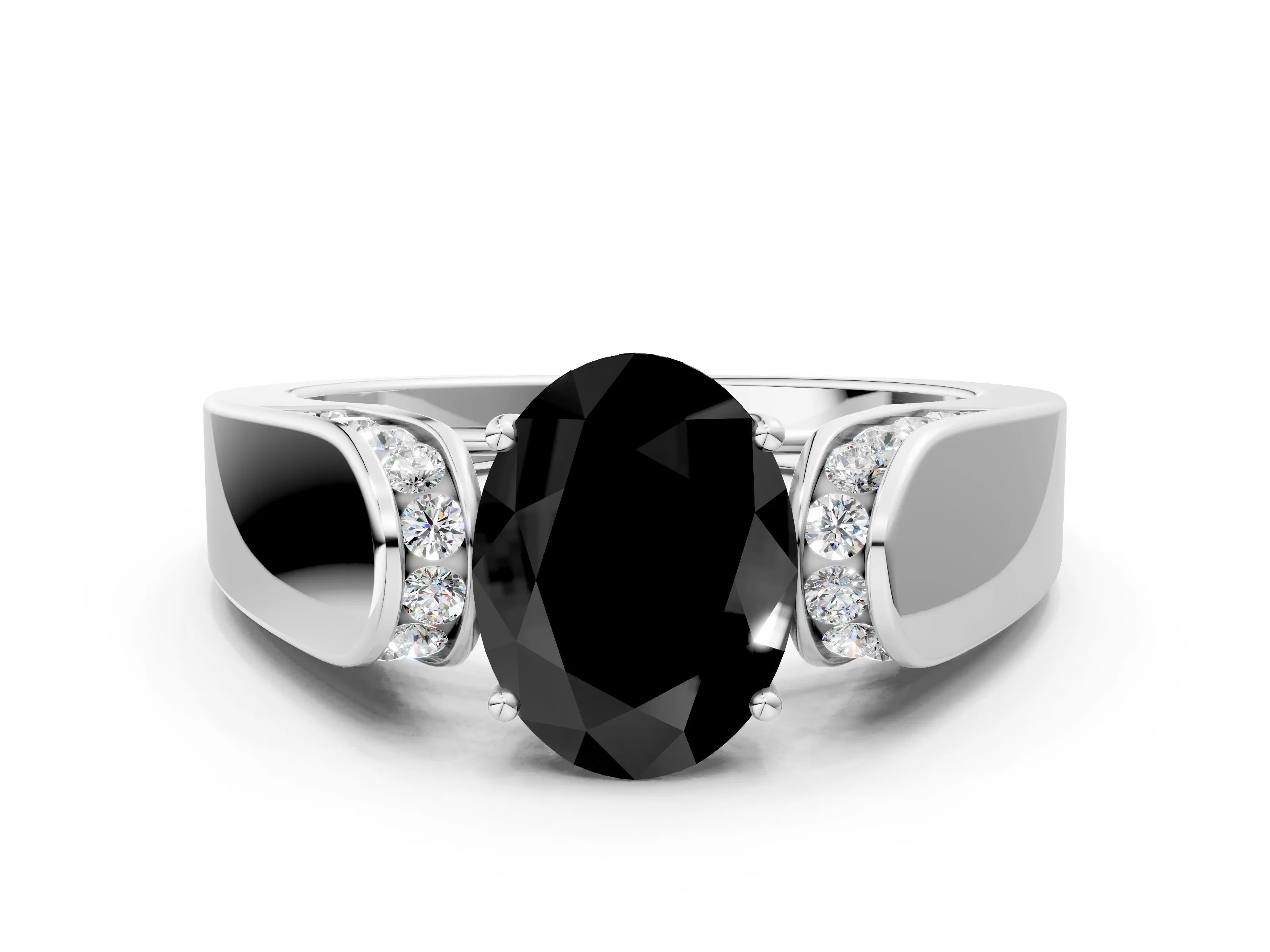 White gold Fancy Black Oval Cut Cut Diamond Channel Set Solitaire Ring with Four-Prong Setting