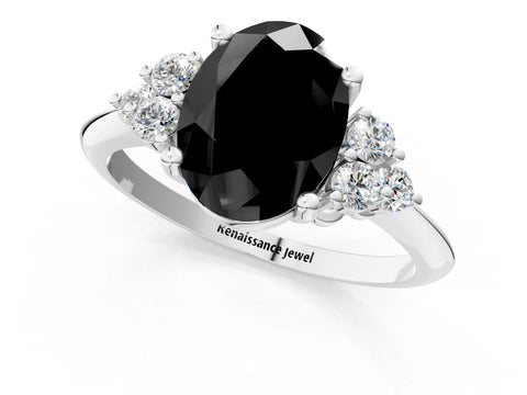 White gold Fancy Black Oval Cut Cut Diamond Cluster Ring with Solitaire Band and Four-Prong Setting_1