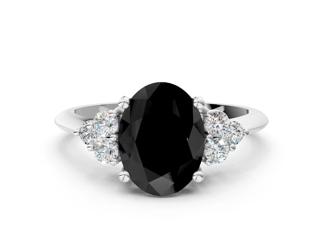 White gold Fancy Black Oval Cut Cut Diamond Cluster Ring with Solitaire Band and Four-Prong Setting_24