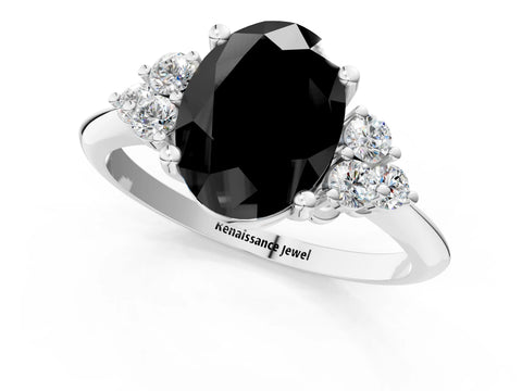 White gold Fancy Black Oval Cut Cut Diamond Cluster Ring with Solitaire Band and Four-Prong Setting_25