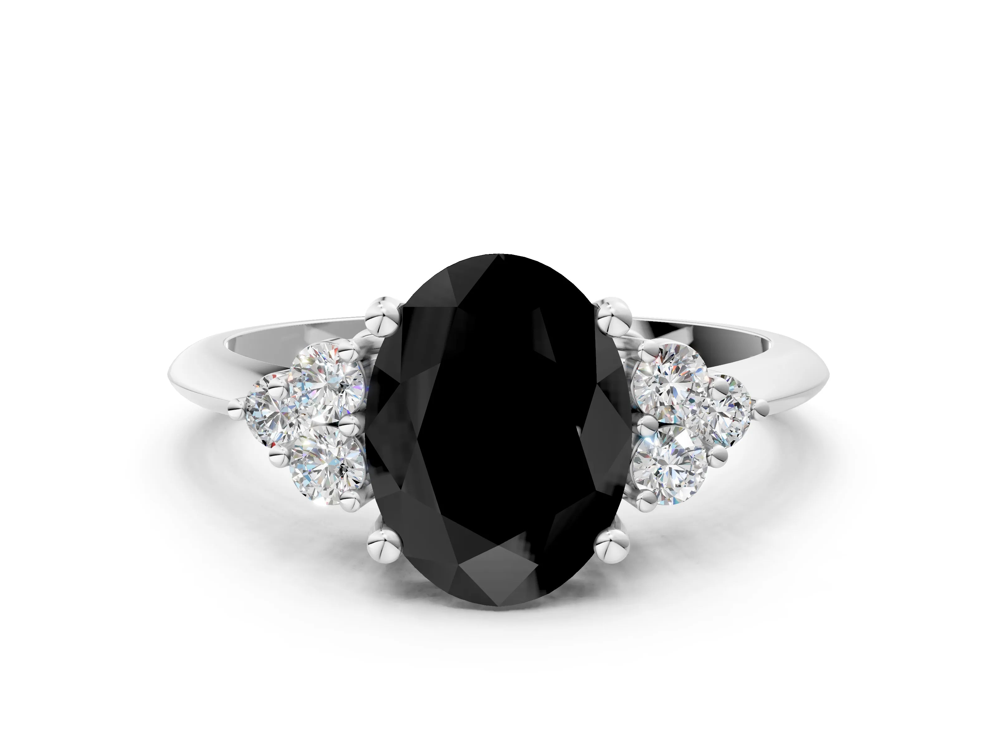White gold Fancy Black Oval Cut Cut Diamond Cluster Ring with Solitaire Band and Four-Prong Setting