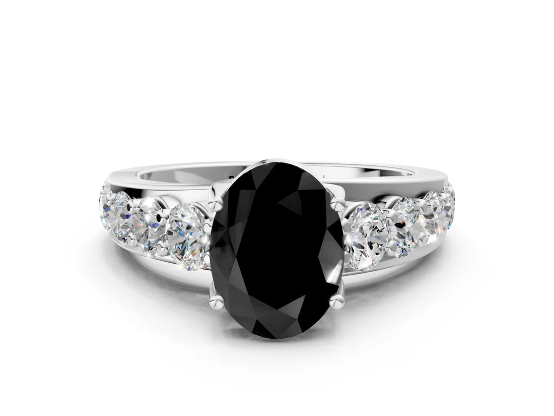 White gold Fancy Black Oval Cut Cut Diamond Engagement Ring with Pavé Band and Four-Prong Setting