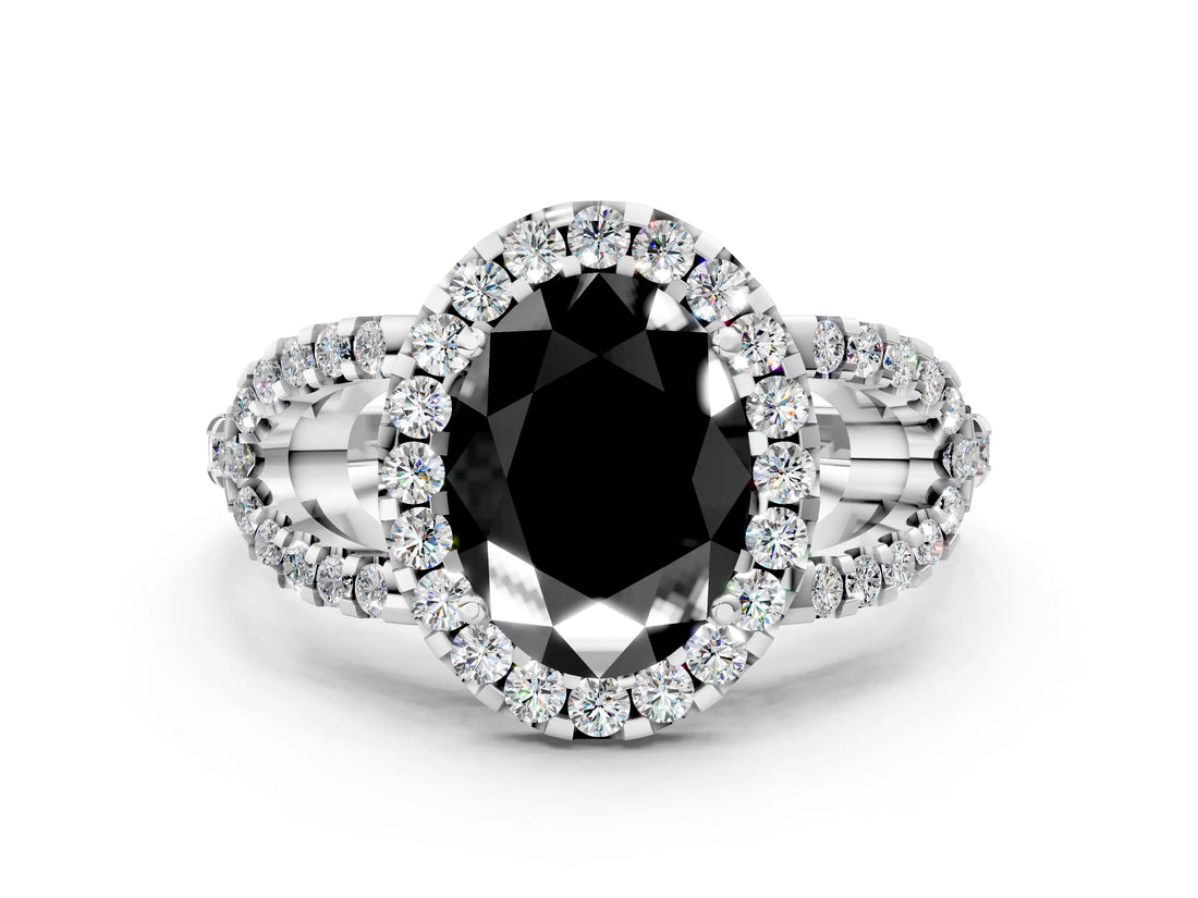 White gold Fancy Black Oval Cut Cut Diamond Halo Engagement Ring with Open Split Pavé Band