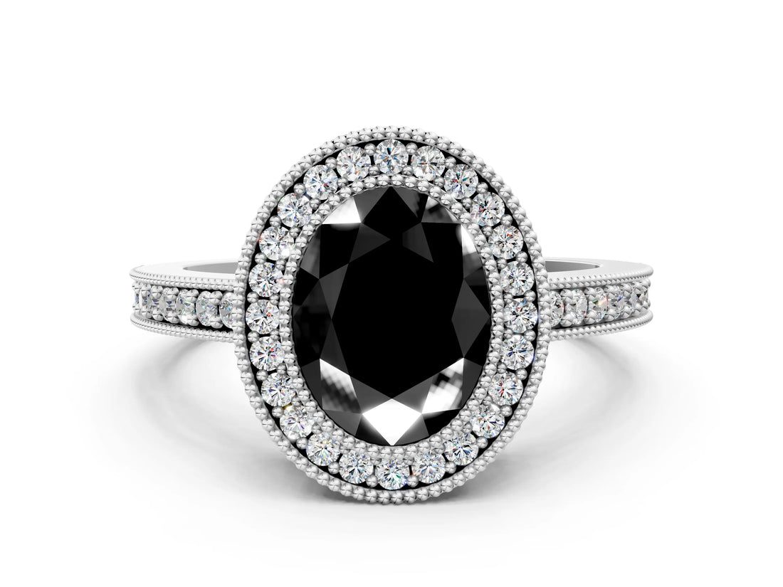 White gold Fancy Black Oval Cut-Cut Diamond Halo Engagement Ring with Pave Band and Prong Setting