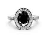 White gold Fancy Black Oval Cut-Cut Diamond Halo Engagement Ring with Pave Band and Prong Setting