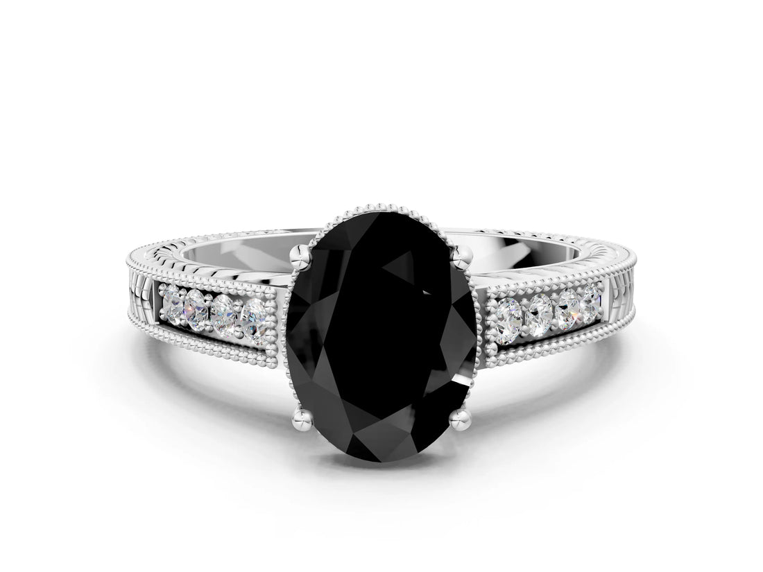 White gold Fancy Black Oval Cut Cut Diamond Milgrain Pave Band Four-Prong Setting Ring_63