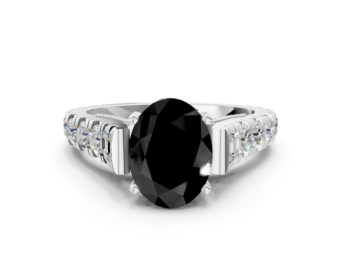 White gold Fancy Black Oval Cut Cut Diamond Pavé Band Solitaire with Four-Prong Setting