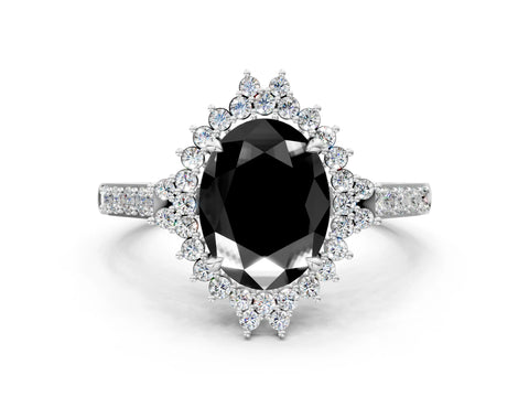 White gold Fancy Black Oval Cut Cut Diamond Sunburst Halo Engagement Ring with Pavé Band_11