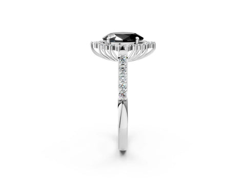 White gold Fancy Black Oval Cut Cut Diamond Sunburst Halo Engagement Ring with Pavé Band_13