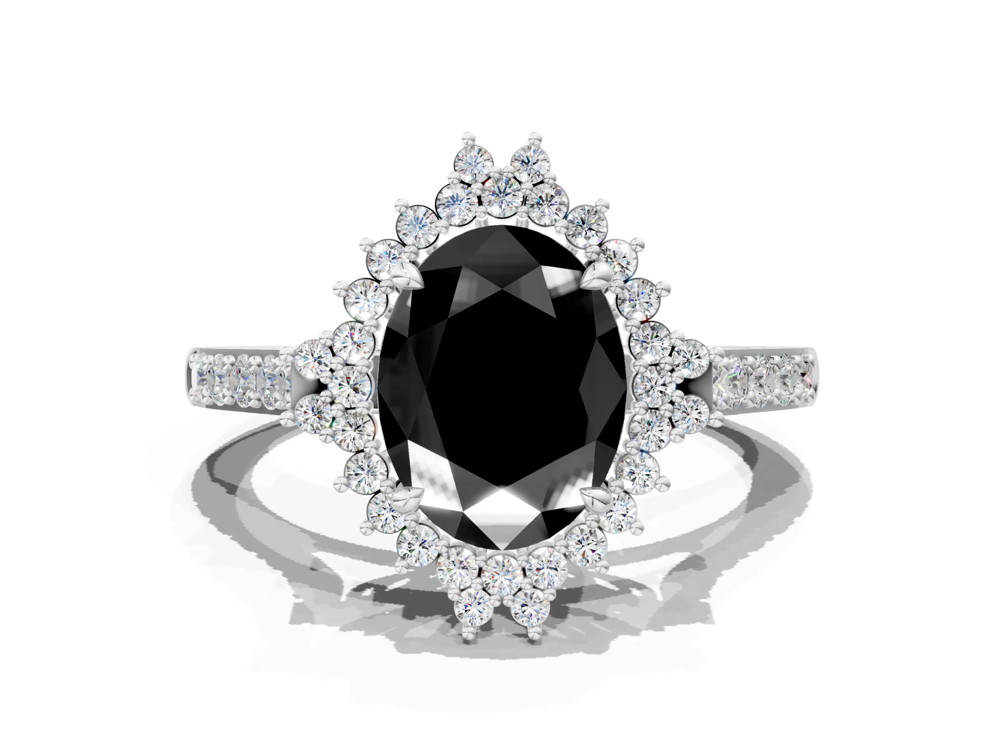 White gold Fancy Black Oval Cut Cut Diamond Sunburst Halo Engagement Ring with Pavé Band_18