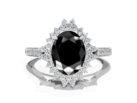 White gold Fancy Black Oval Cut Cut Diamond Sunburst Halo Engagement Ring with Pavé Band_18