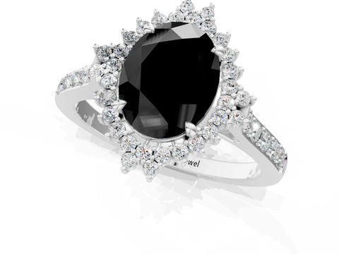White gold Fancy Black Oval Cut Cut Diamond Sunburst Halo Engagement Ring with Pavé Band_19