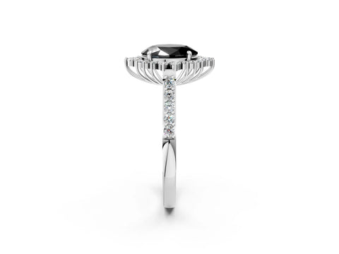 White gold Fancy Black Oval Cut Cut Diamond Sunburst Halo Engagement Ring with Pavé Band_20
