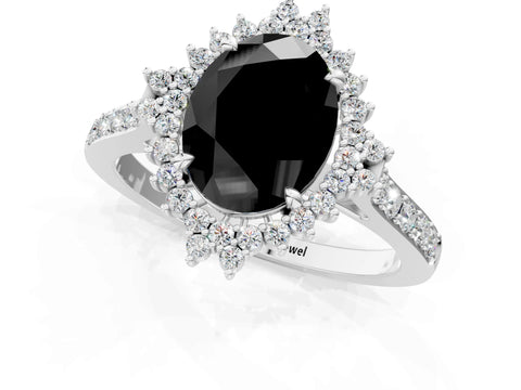 White gold Fancy Black Oval Cut Cut Diamond Sunburst Halo Engagement Ring with Pavé Band_21