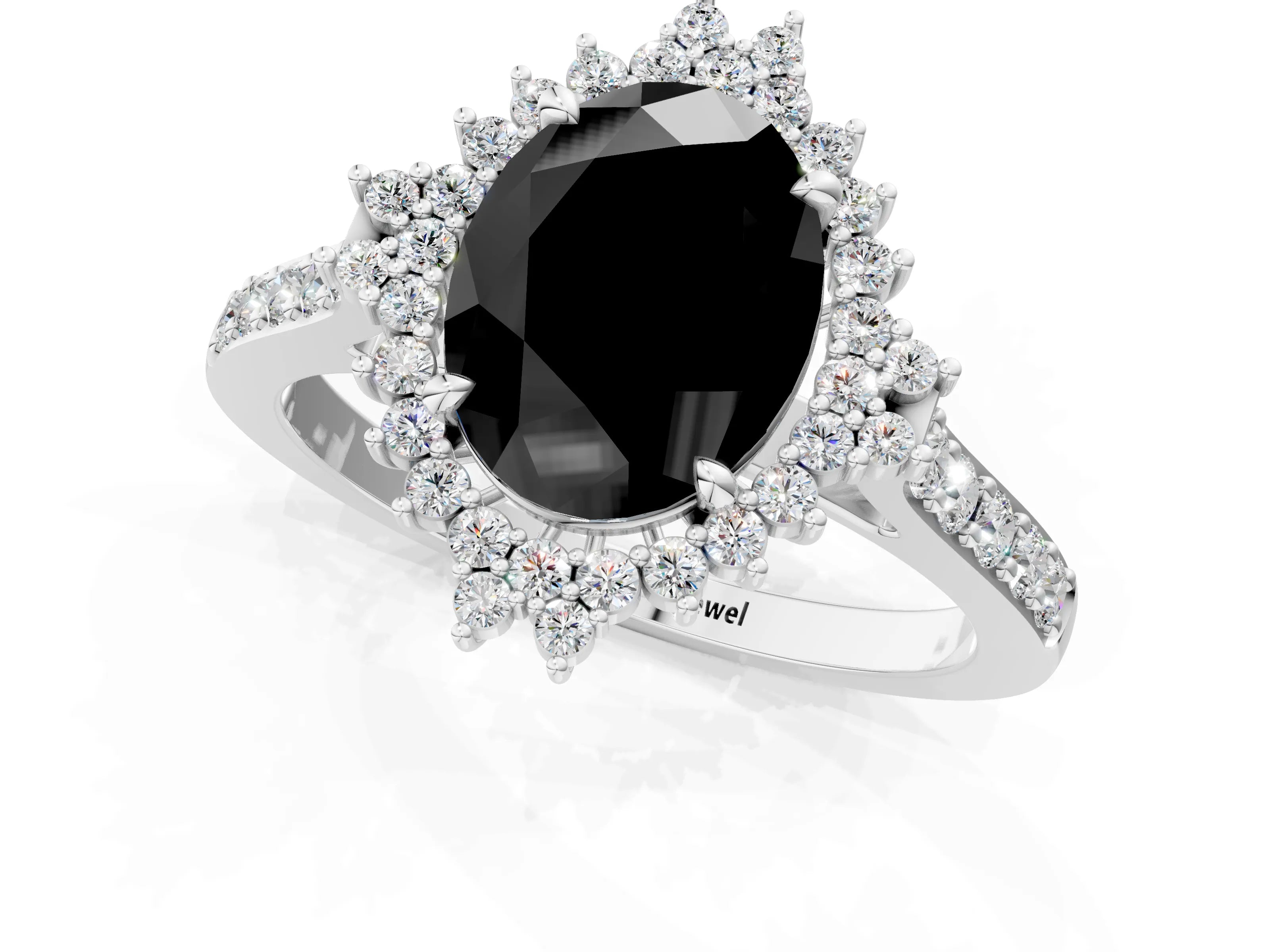 White gold Fancy Black Oval Cut Cut Diamond Sunburst Halo Engagement Ring with Pavé Band_26