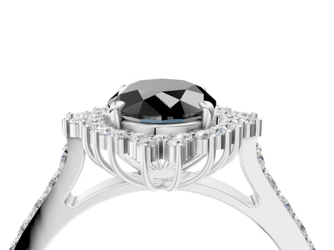 White gold Fancy Black Oval Cut Cut Diamond Sunburst Halo Engagement Ring with Pavé Band_27