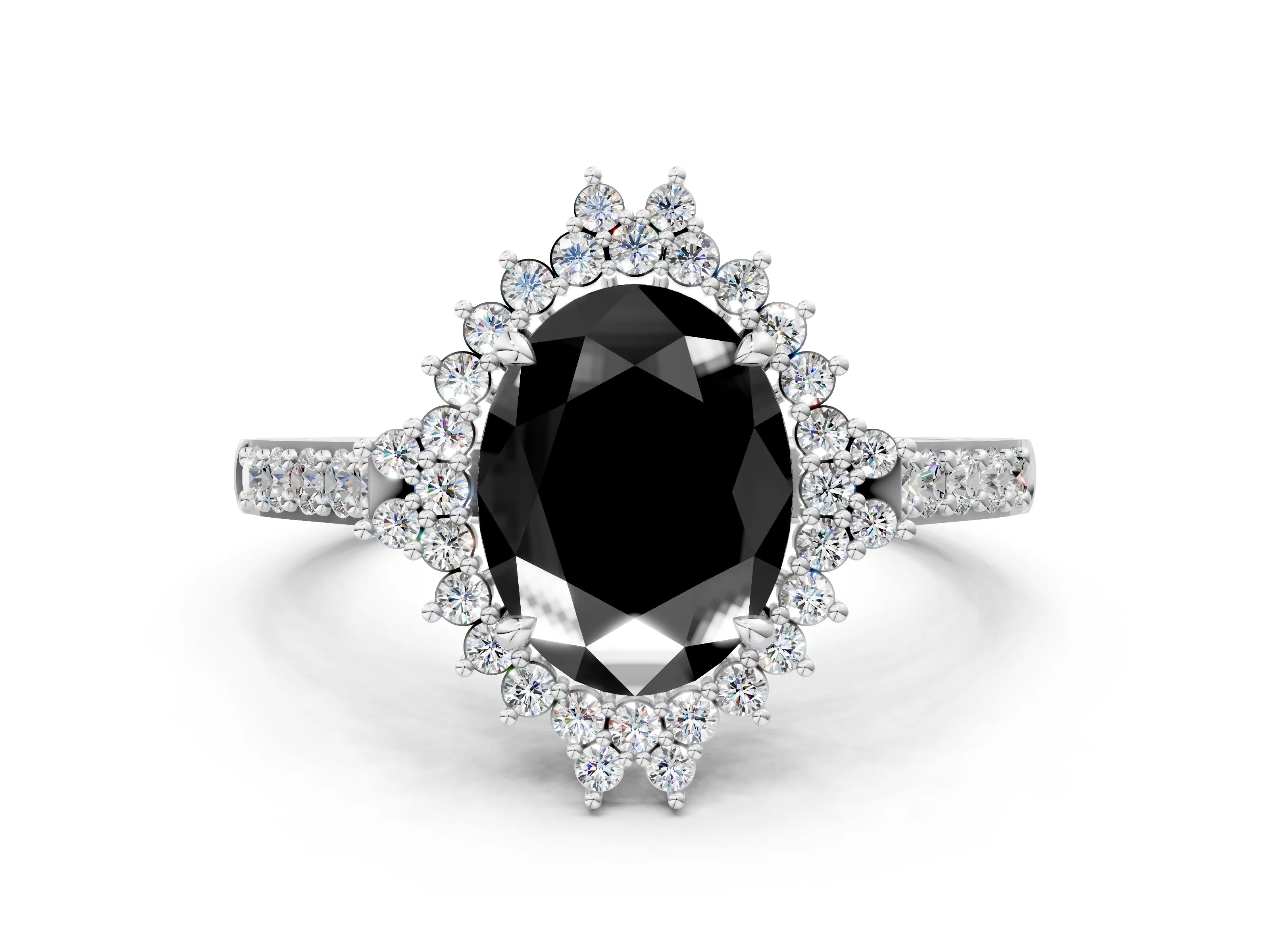 White gold Fancy Black Oval Cut Cut Diamond Sunburst Halo Engagement Ring with Pavé Band_30
