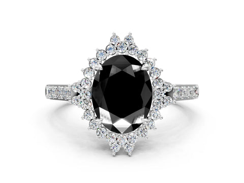 White gold Fancy Black Oval Cut Cut Diamond Sunburst Halo Engagement Ring with Pavé Band_30