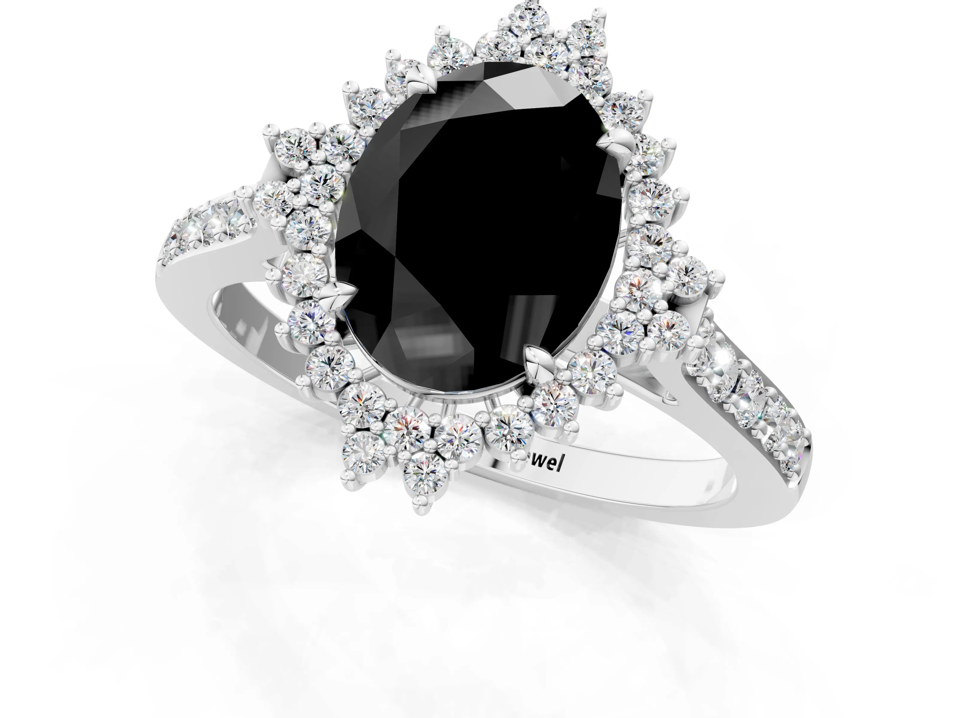 White gold Fancy Black Oval Cut Cut Diamond Sunburst Halo Engagement Ring with Pavé Band_31
