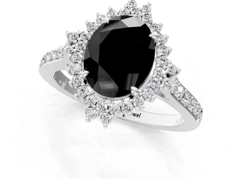 White gold Fancy Black Oval Cut Cut Diamond Sunburst Halo Engagement Ring with Pavé Band_31