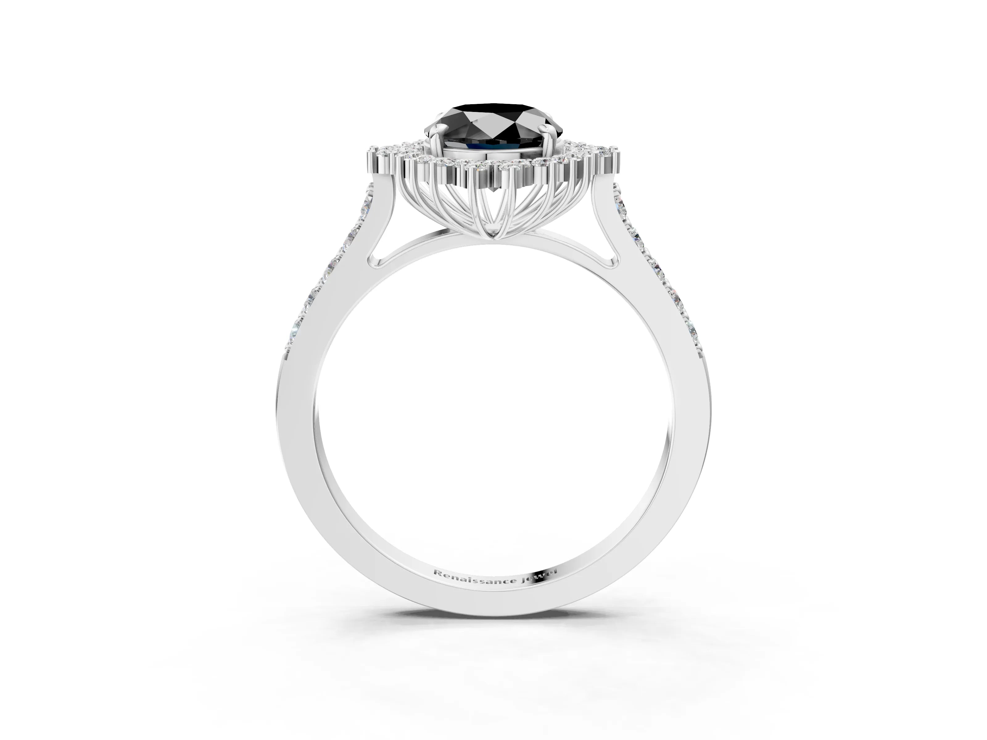 White gold Fancy Black Oval Cut Cut Diamond Sunburst Halo Engagement Ring with Pavé Band_33