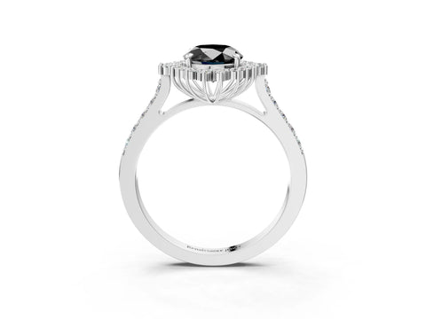 White gold Fancy Black Oval Cut Cut Diamond Sunburst Halo Engagement Ring with Pavé Band_33