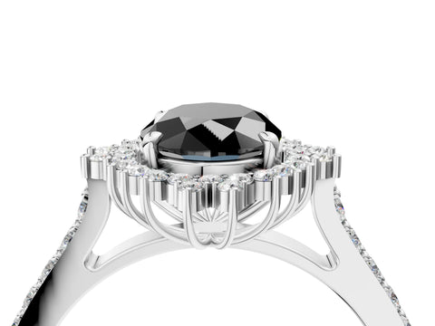 White gold Fancy Black Oval Cut Cut Diamond Sunburst Halo Engagement Ring with Pavé Band_34