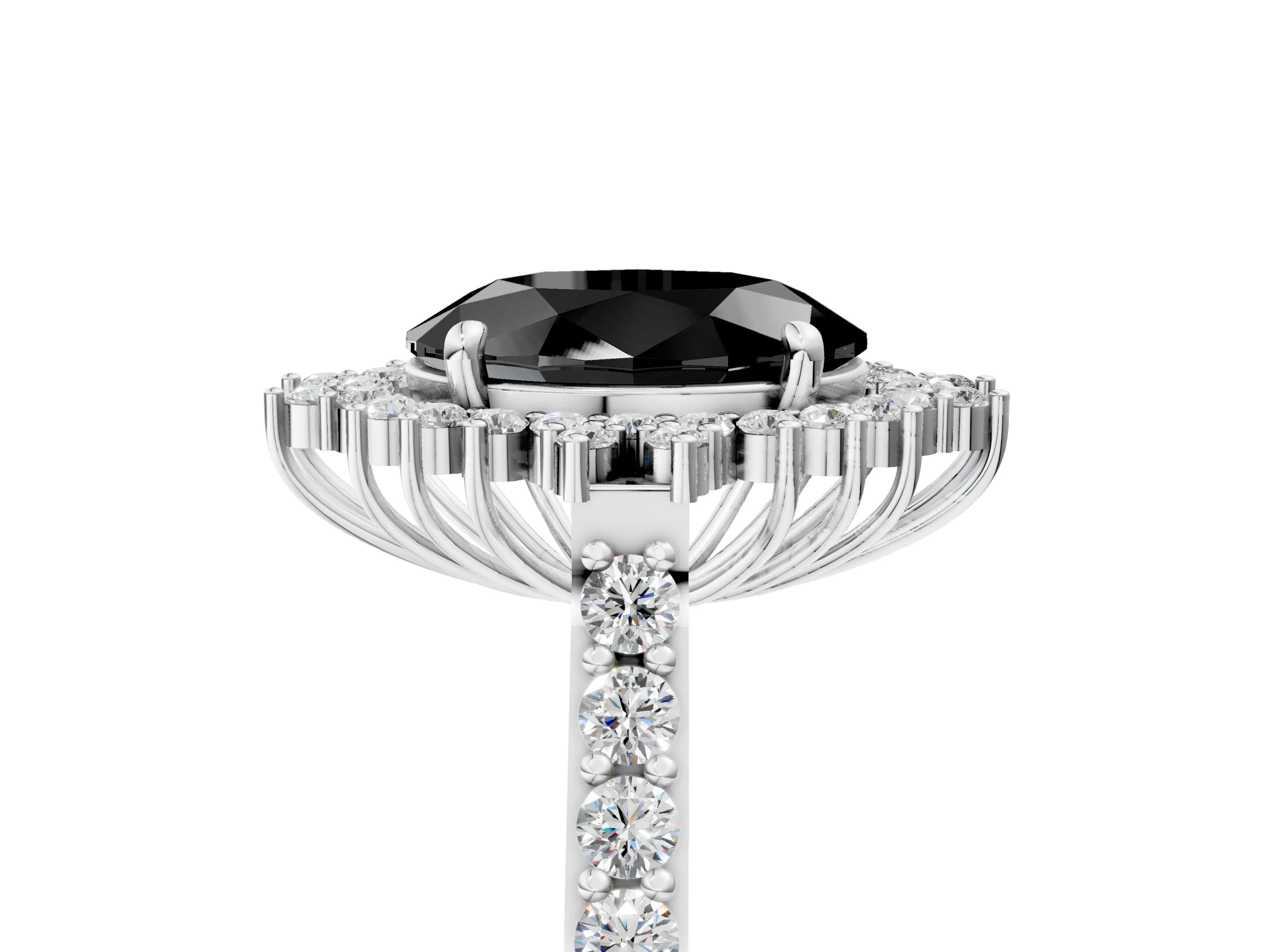 White gold Fancy Black Oval Cut Cut Diamond Sunburst Halo Engagement Ring with Pavé Band_35