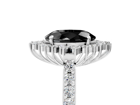 White gold Fancy Black Oval Cut Cut Diamond Sunburst Halo Engagement Ring with Pavé Band_35