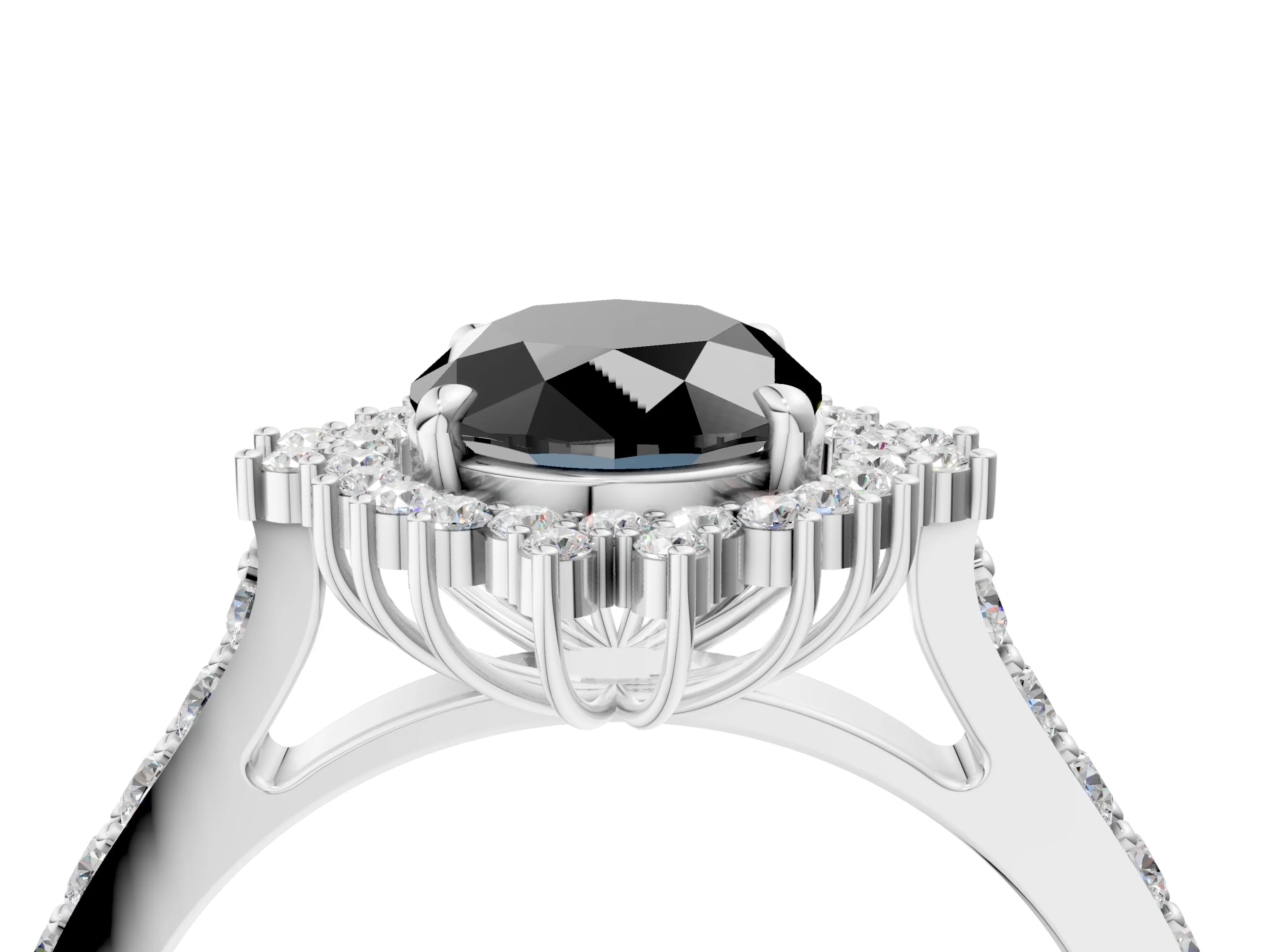 White gold Fancy Black Oval Cut Cut Diamond Sunburst Halo Engagement Ring with Pavé Band_4