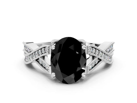 White gold Fancy Black Oval Cut Cut Diamond Twisted Band with Milgrain Pave Setting and Four-Prong Setting_12