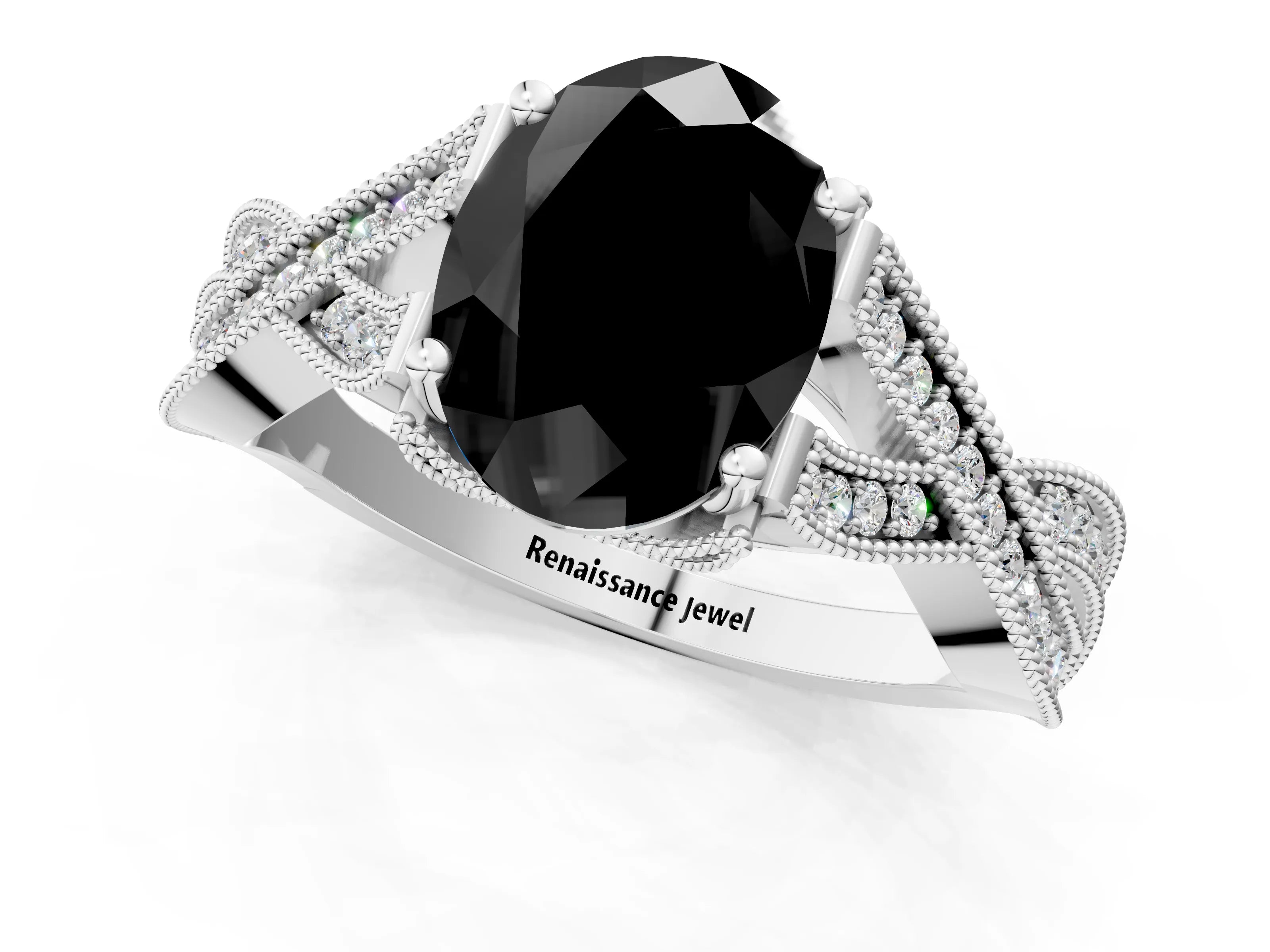 White gold Fancy Black Oval Cut Cut Diamond Twisted Band with Milgrain Pave Setting and Four-Prong Setting_13