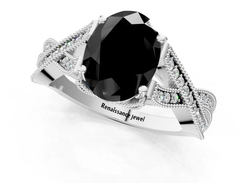 White gold Fancy Black Oval Cut Cut Diamond Twisted Band with Milgrain Pave Setting and Four-Prong Setting_13