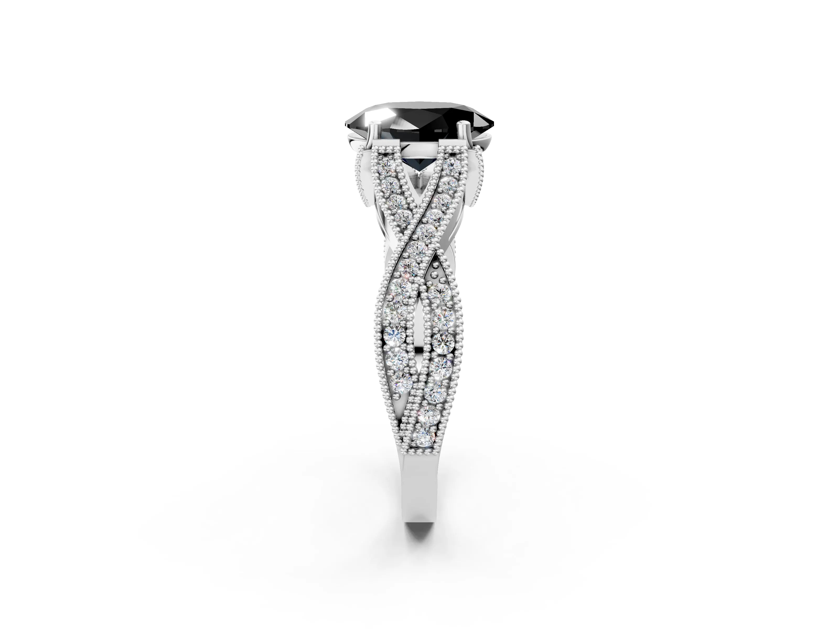 White gold Fancy Black Oval Cut Cut Diamond Twisted Band with Milgrain Pave Setting and Four-Prong Setting_2