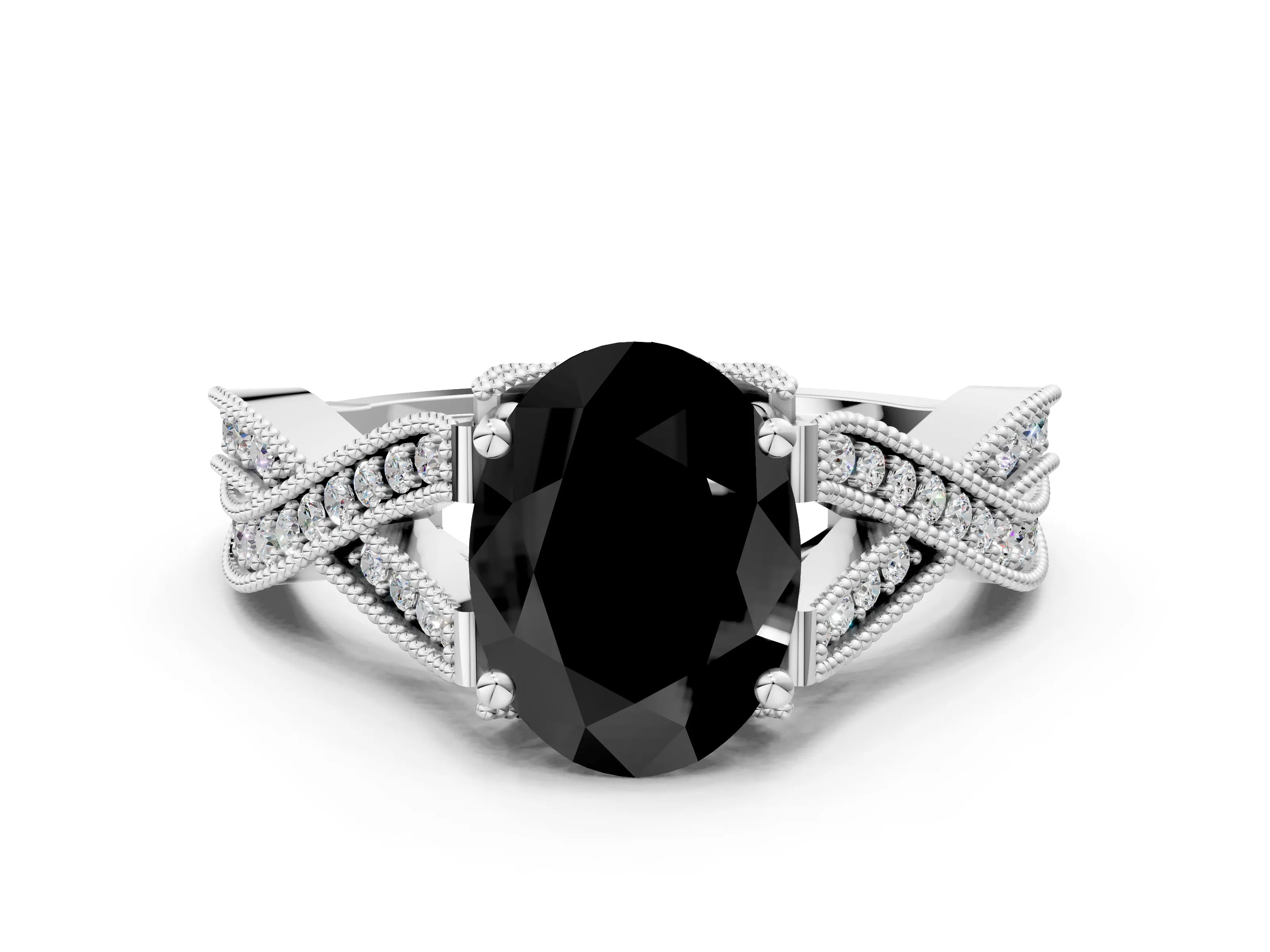 White gold Fancy Black Oval Cut Cut Diamond Twisted Band with Milgrain Pave Setting and Four-Prong Setting