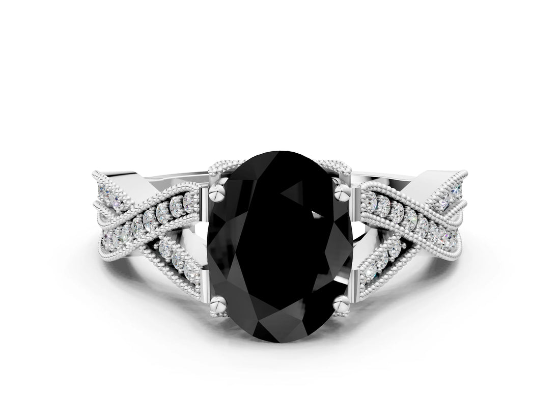 White gold Fancy Black Oval Cut Cut Diamond Twisted Band with Milgrain Pave Setting and Four-Prong Setting