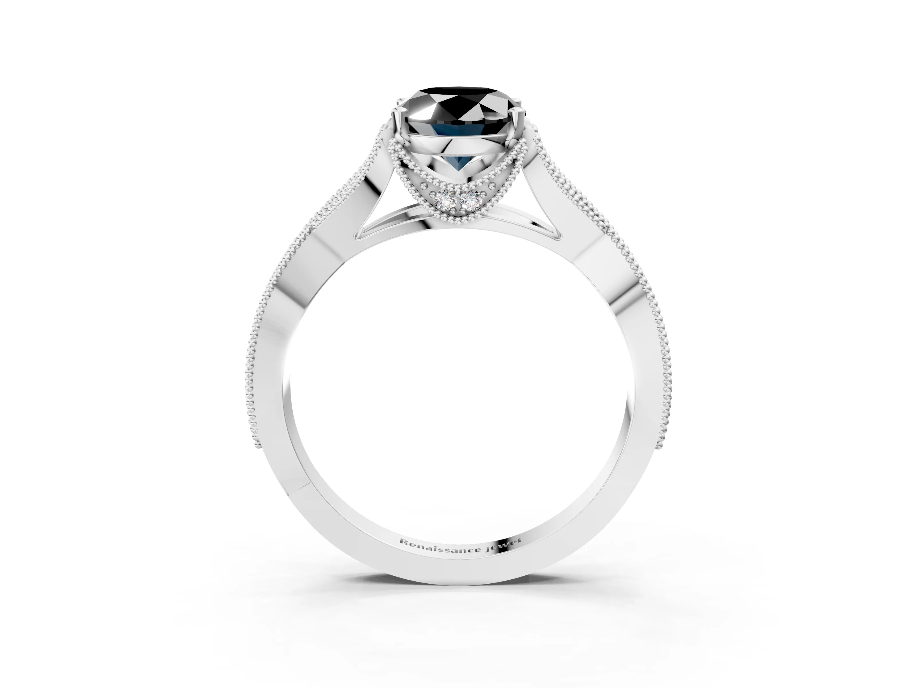 White gold Fancy Black Oval Cut Cut Diamond Twisted Band with Milgrain Pave Setting and Four-Prong Setting_3