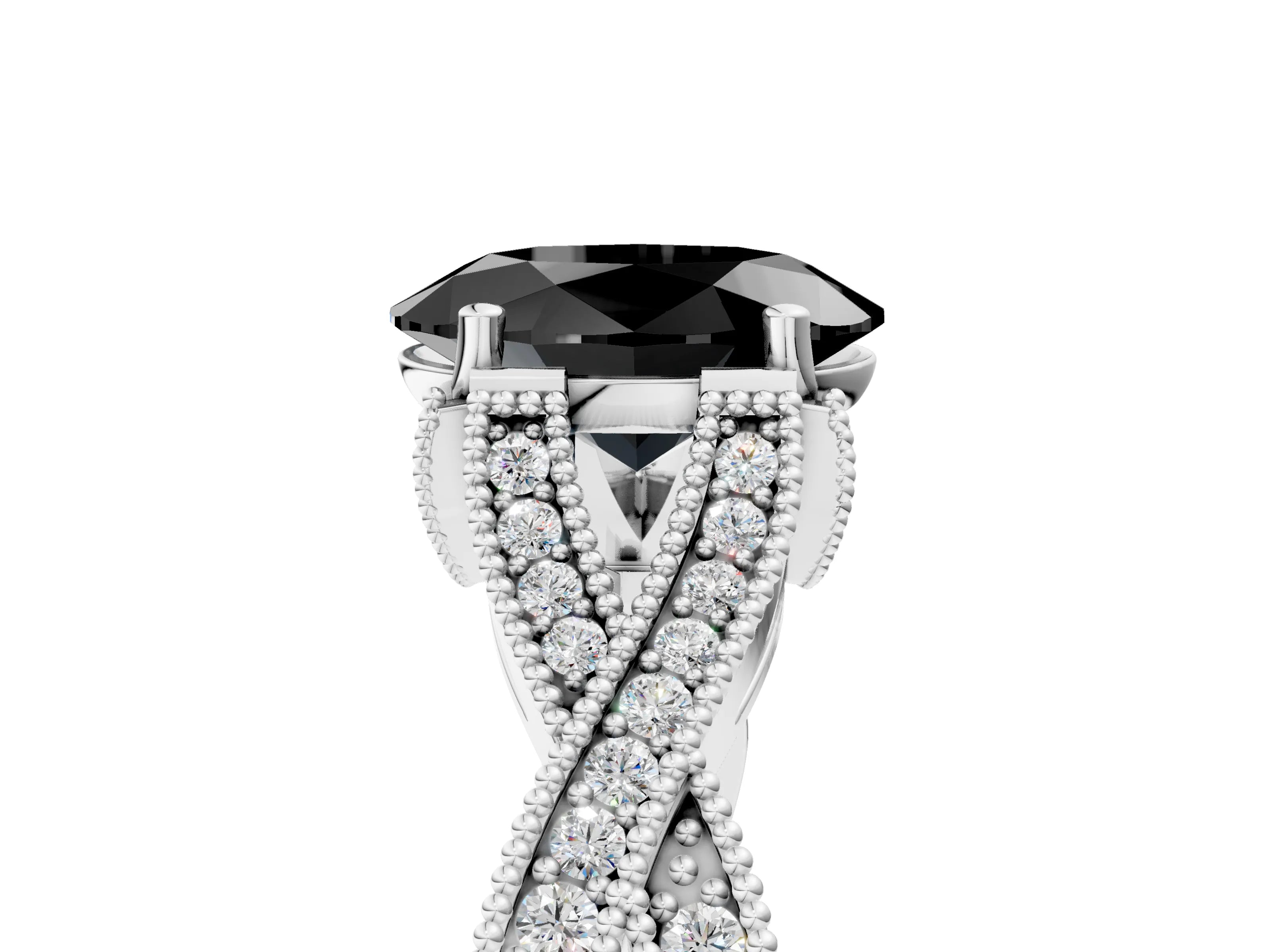 White gold Fancy Black Oval Cut Cut Diamond Twisted Band with Milgrain Pave Setting and Four-Prong Setting_5