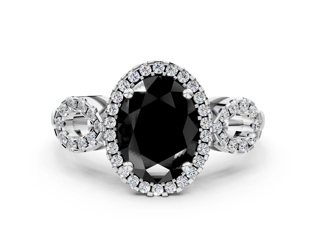 White gold Fancy Black Oval Cut Cut Halo Diamond Infinity Band with Four-Prong Setting