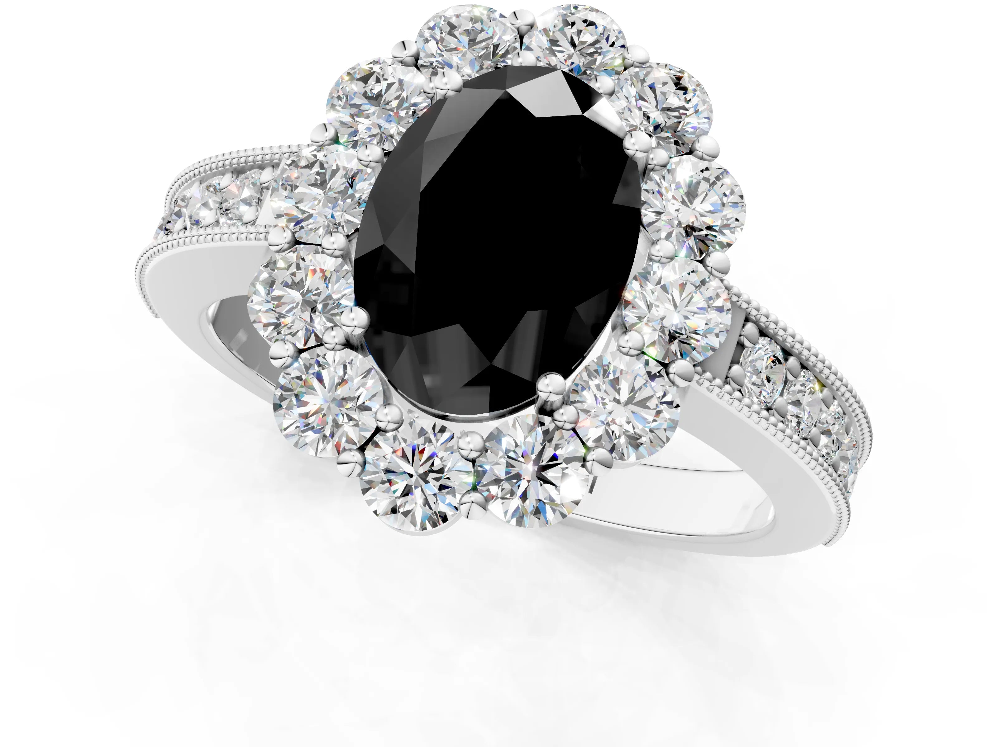 White gold Fancy Black Oval Cut Cut Halo Diamond Pavé Engagement Ring with Milgrain Detailing_13