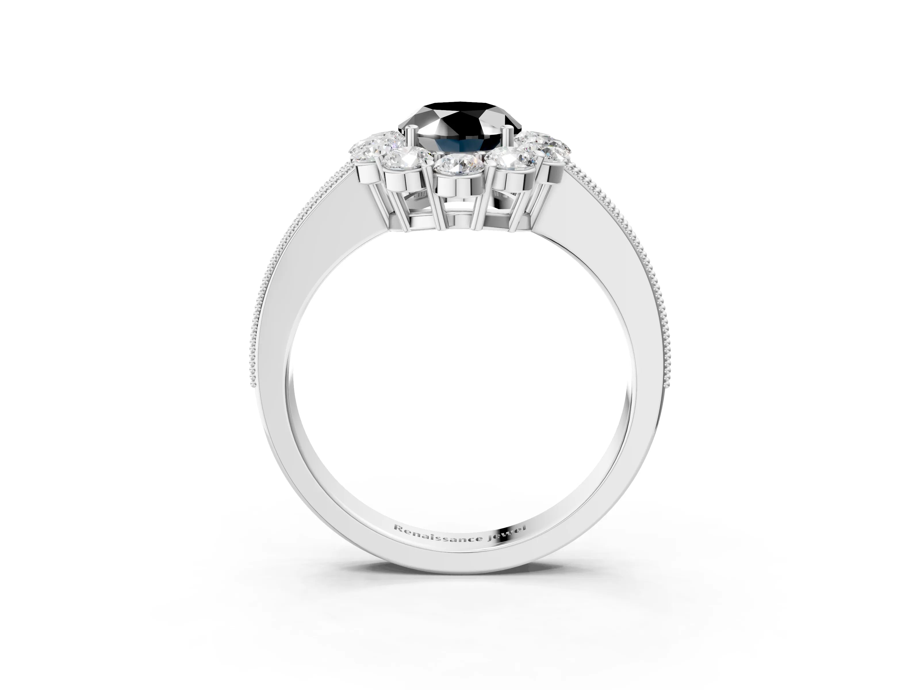 White gold Fancy Black Oval Cut Cut Halo Diamond Pavé Engagement Ring with Milgrain Detailing_15