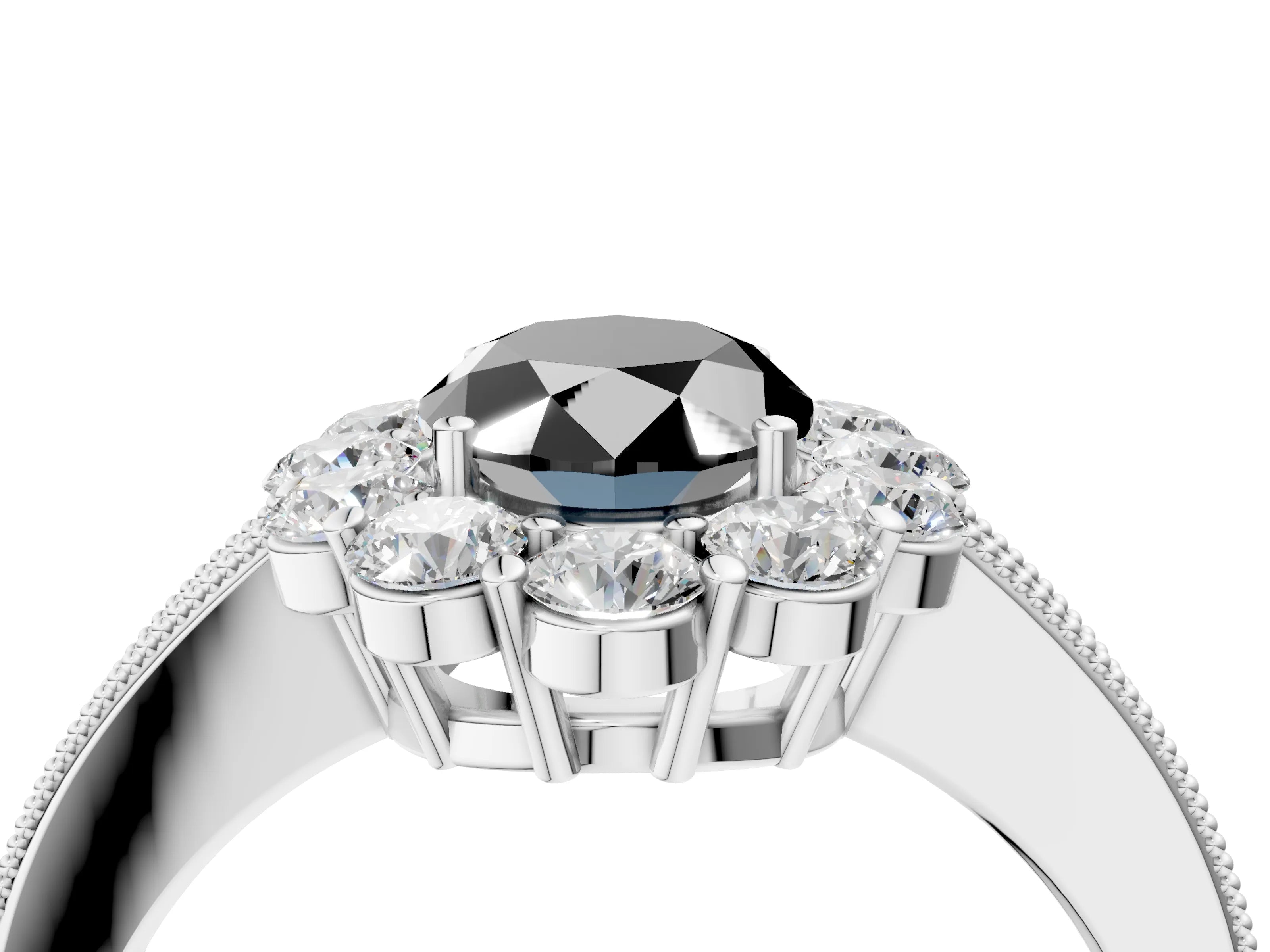 White gold Fancy Black Oval Cut Cut Halo Diamond Pavé Engagement Ring with Milgrain Detailing_16
