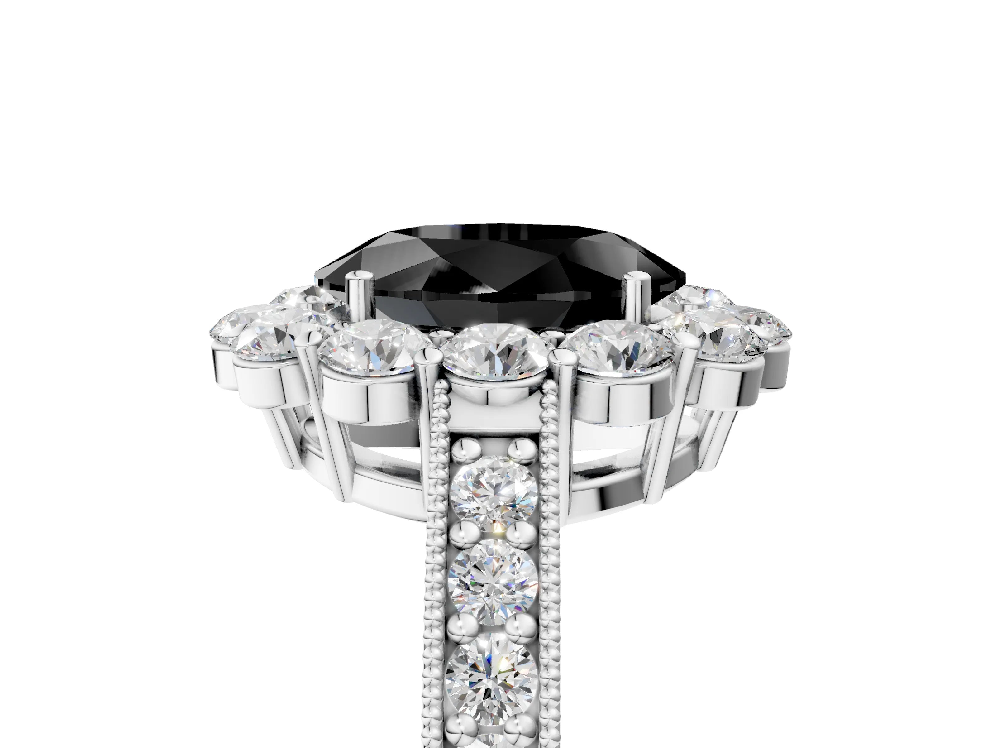 White gold Fancy Black Oval Cut Cut Halo Diamond Pavé Engagement Ring with Milgrain Detailing_17