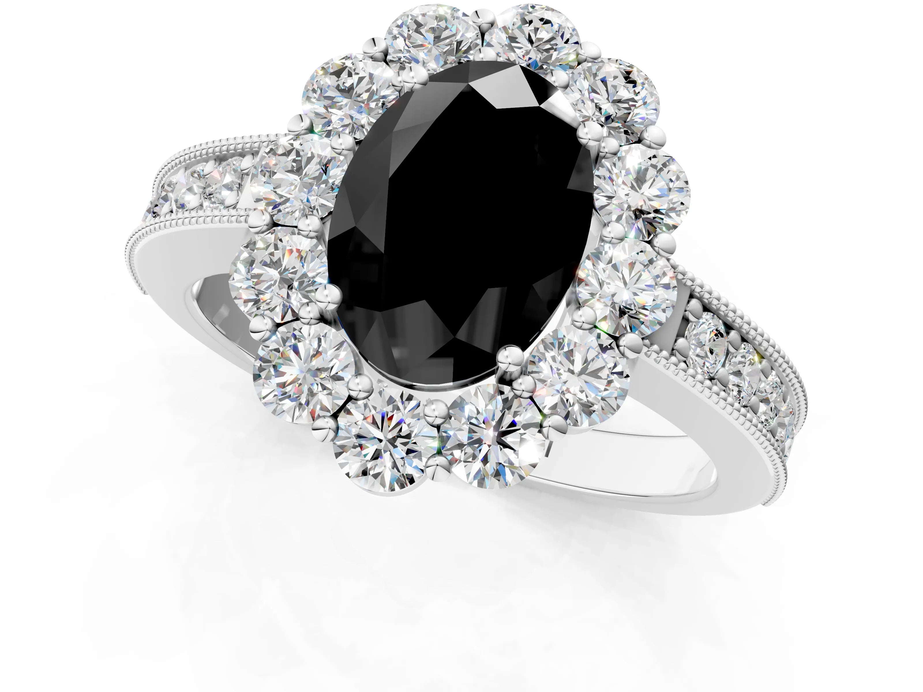 White gold Fancy Black Oval Cut Cut Halo Diamond Pavé Engagement Ring with Milgrain Detailing_1